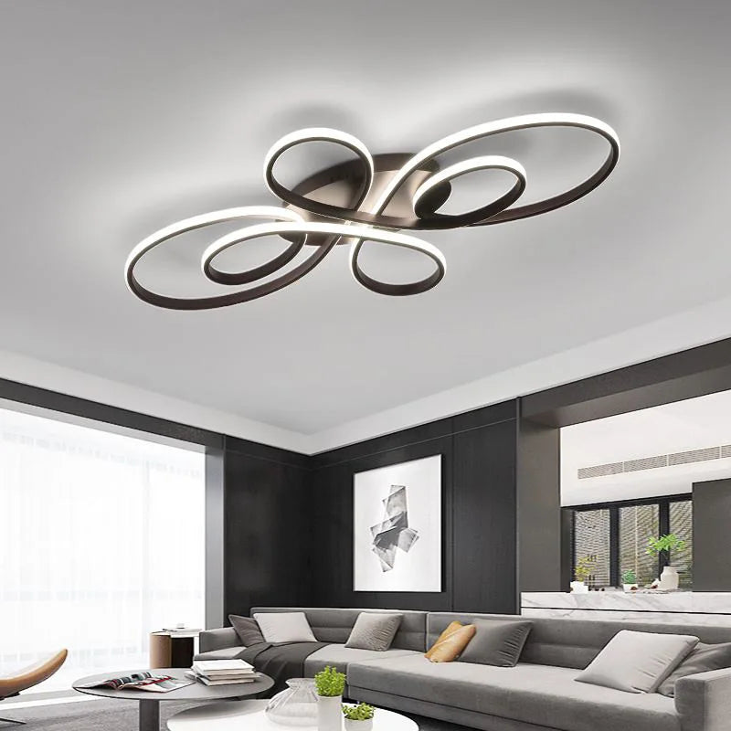 Modern Curves LED Flush Mount Ceiling Light - Black Geometric Floral Fixture for Living Room, Dining Room & Bedroom (Dimmable with Remote Option)