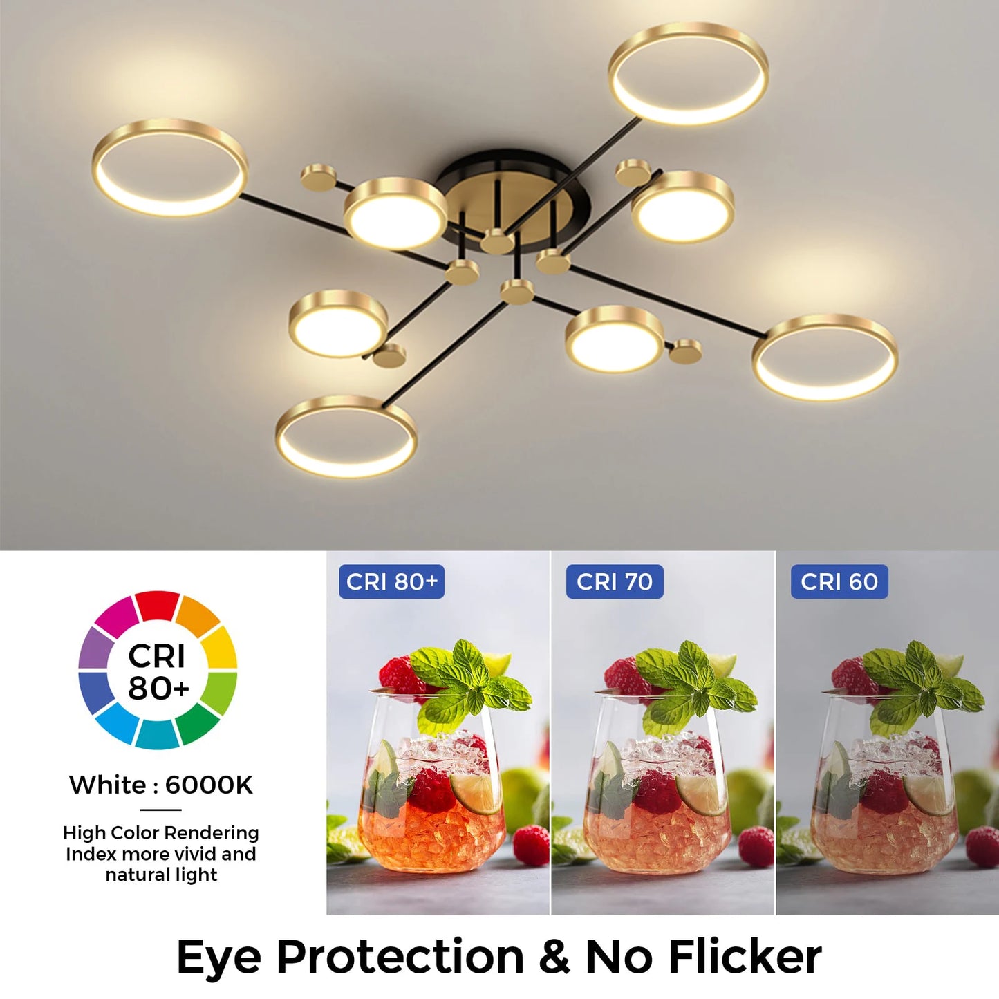Modern Branching Rings LED Flush Mount Ceiling Light - Black & Gold 4-Head Fixture for Living Room & Bedroom (Dimmable with Remote)