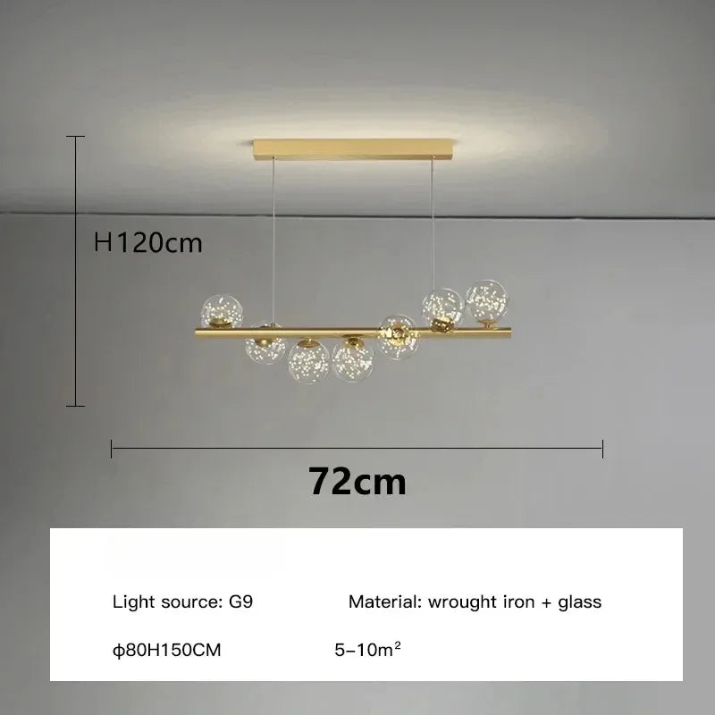 Modern Linear Globe Chandelier - 11-Light Mid-Century Pendant Lamp for Dining Room, 44-Inch (112cm) Gold Finish, Glass Sphere Lighting