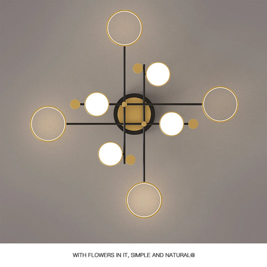 Modern Branching Rings LED Flush Mount Ceiling Light - Black & Gold 4-Head Fixture for Living Room & Bedroom (Dimmable with Remote)
