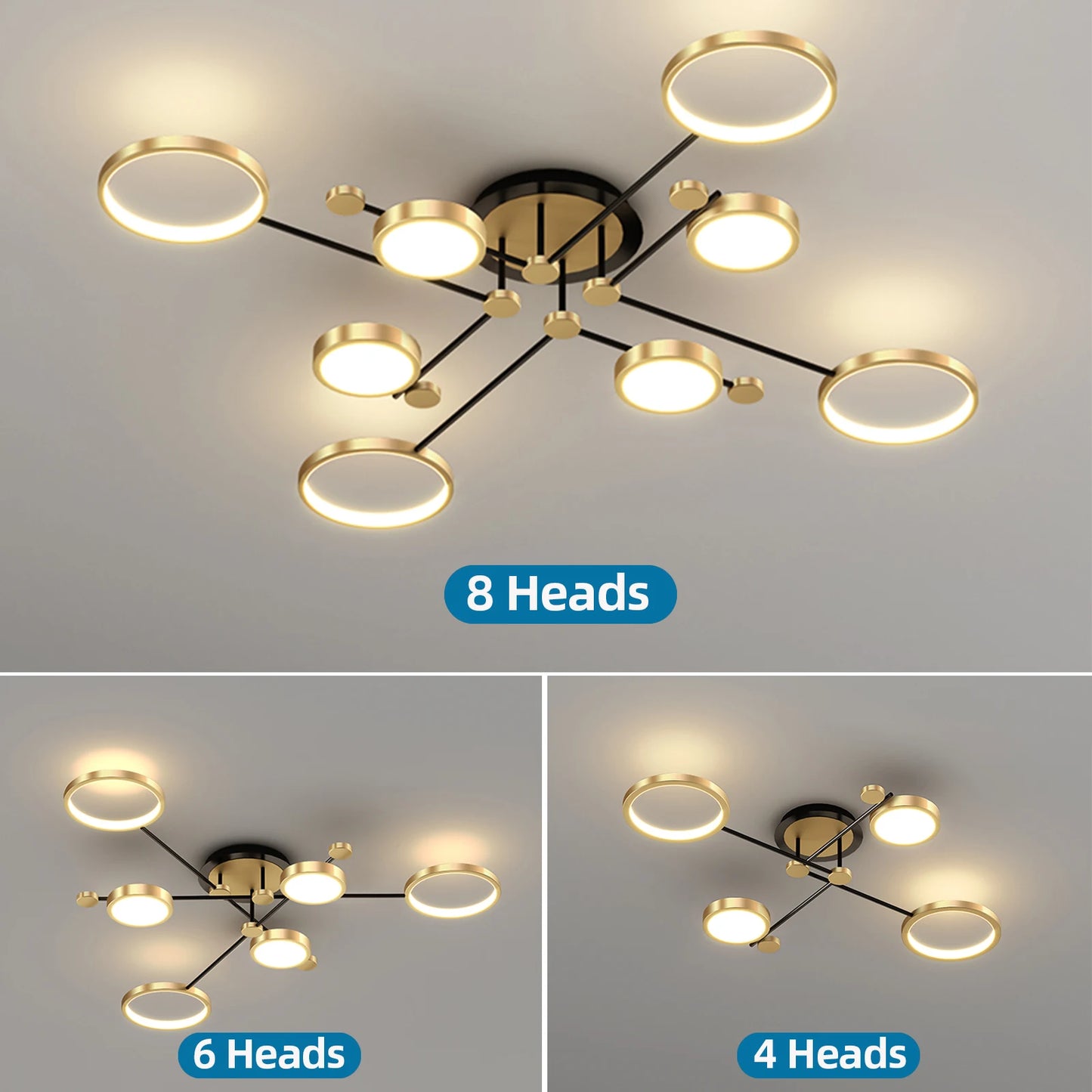 Modern Branching Rings LED Flush Mount Ceiling Light - Black & Gold 4-Head Fixture for Living Room & Bedroom (Dimmable with Remote)