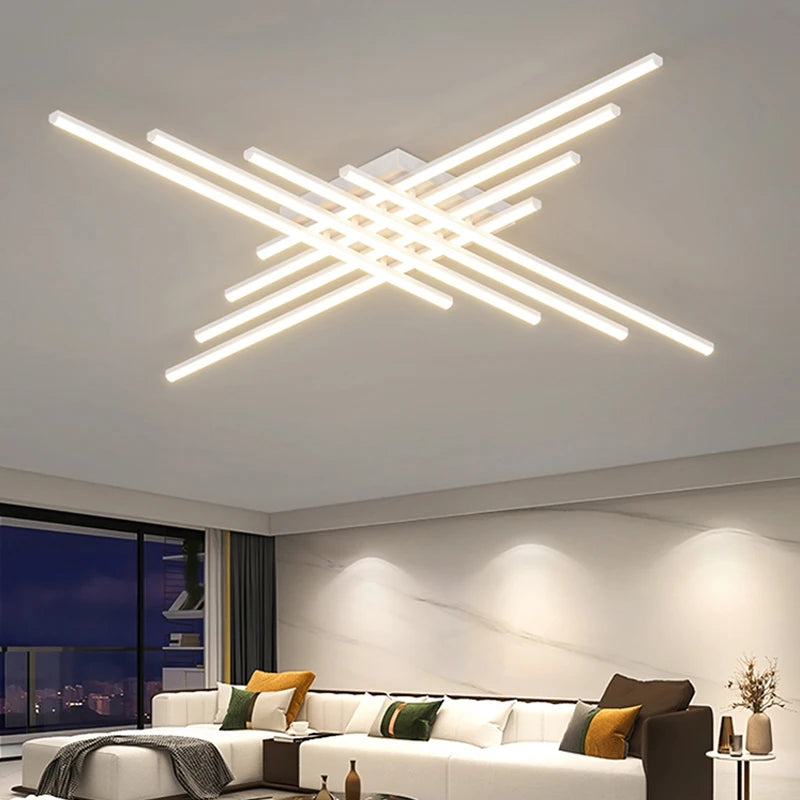 Modern Linear LED Flush Mount Ceiling Light - Black Crossed Bars Chandelier for Living Room, Dining Room & Bedroom (Dimmable with Remote Option)