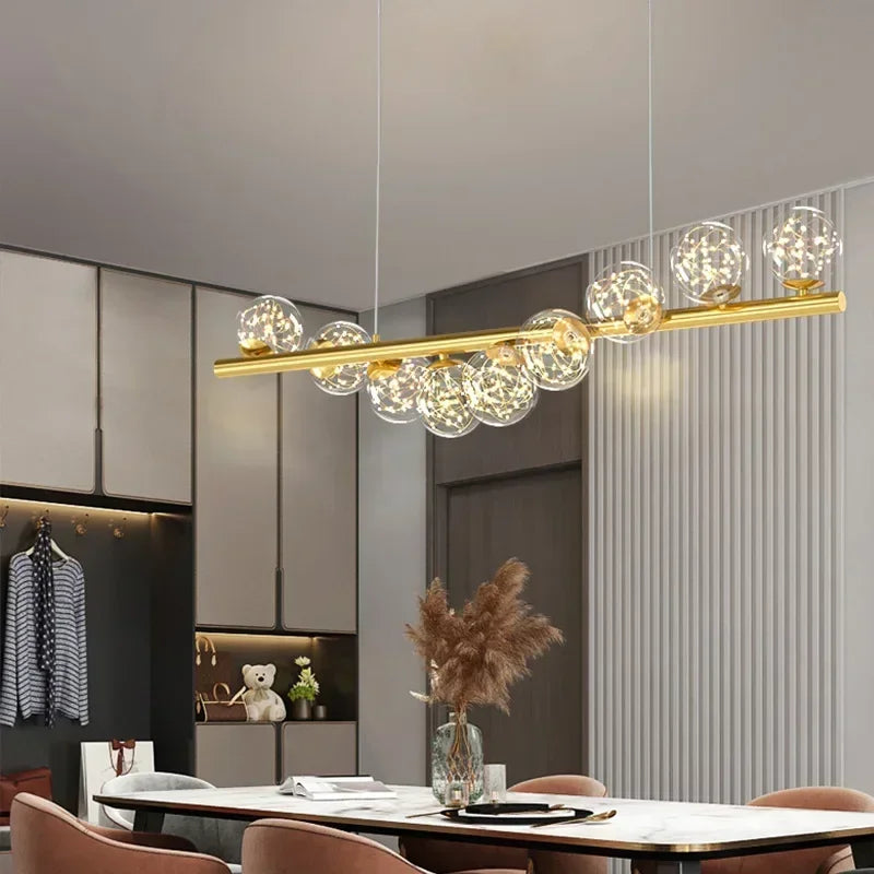 Modern Linear Globe Chandelier - 11-Light Mid-Century Pendant Lamp for Dining Room, 44-Inch (112cm) Gold Finish, Glass Sphere Lighting