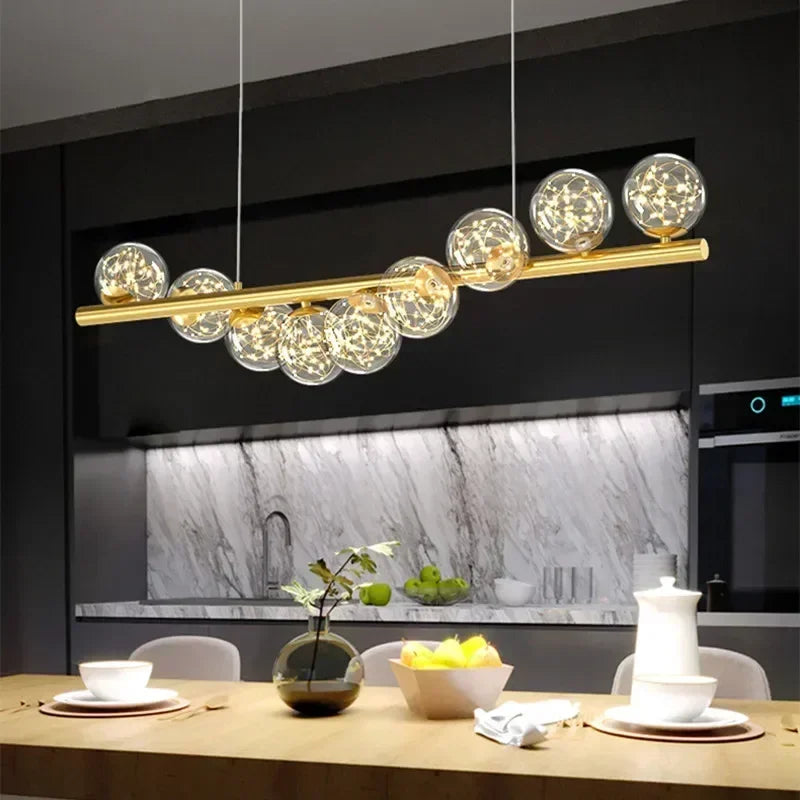 Modern Linear Globe Chandelier - 11-Light Mid-Century Pendant Lamp for Dining Room, 44-Inch (112cm) Gold Finish, Glass Sphere Lighting