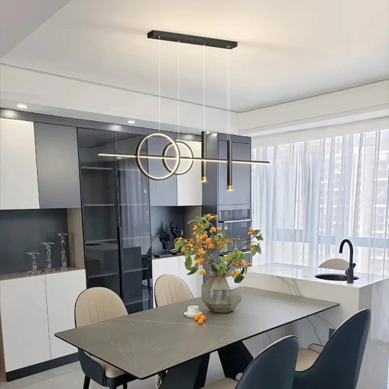 Modern Linear LED Chandelier - Minimalist Ring & Bar Pendant Light for Dining Room, 40-Inch (100cm) Golden Finish, Dimmable with Remote