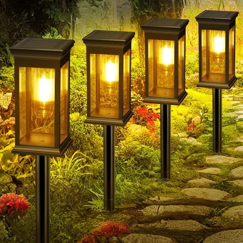 Vintage Outdoor Solar Path Lights - Waterproof Retro Garden Stake Lights with Warm Edison Bulb for Walkway, Patio & Yard (Set of 4)