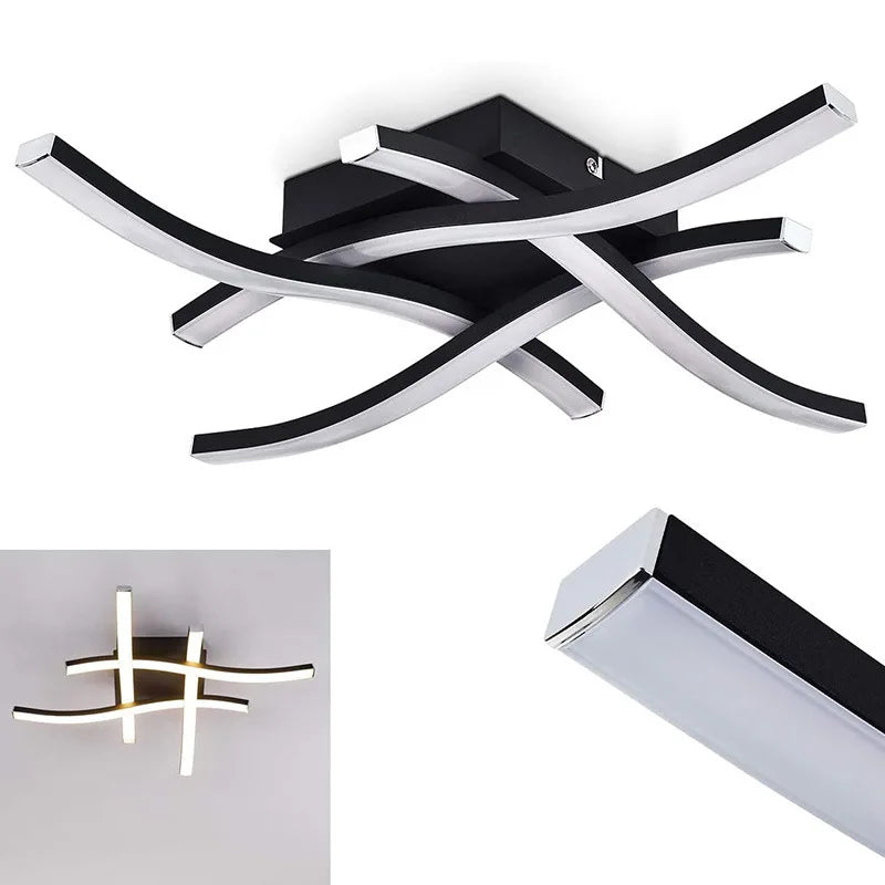 Modern Curved Waves LED Flush Mount Ceiling Light - Black Crossed 4-Bar Fixture for Bedroom, Kitchen & Hallway (3-Color Changing)