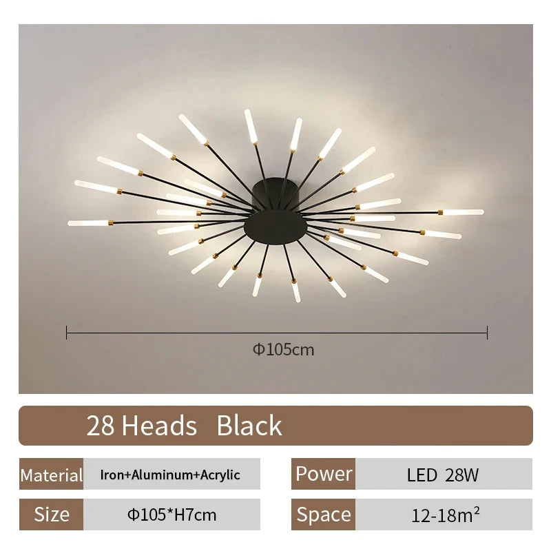 Modern Luxury Firework LED Flush Mount Ceiling Light - Gold Spoke Semi-Chandelier for Living Room, Dining Room & Bedroom (Dimmable with Remote Option)