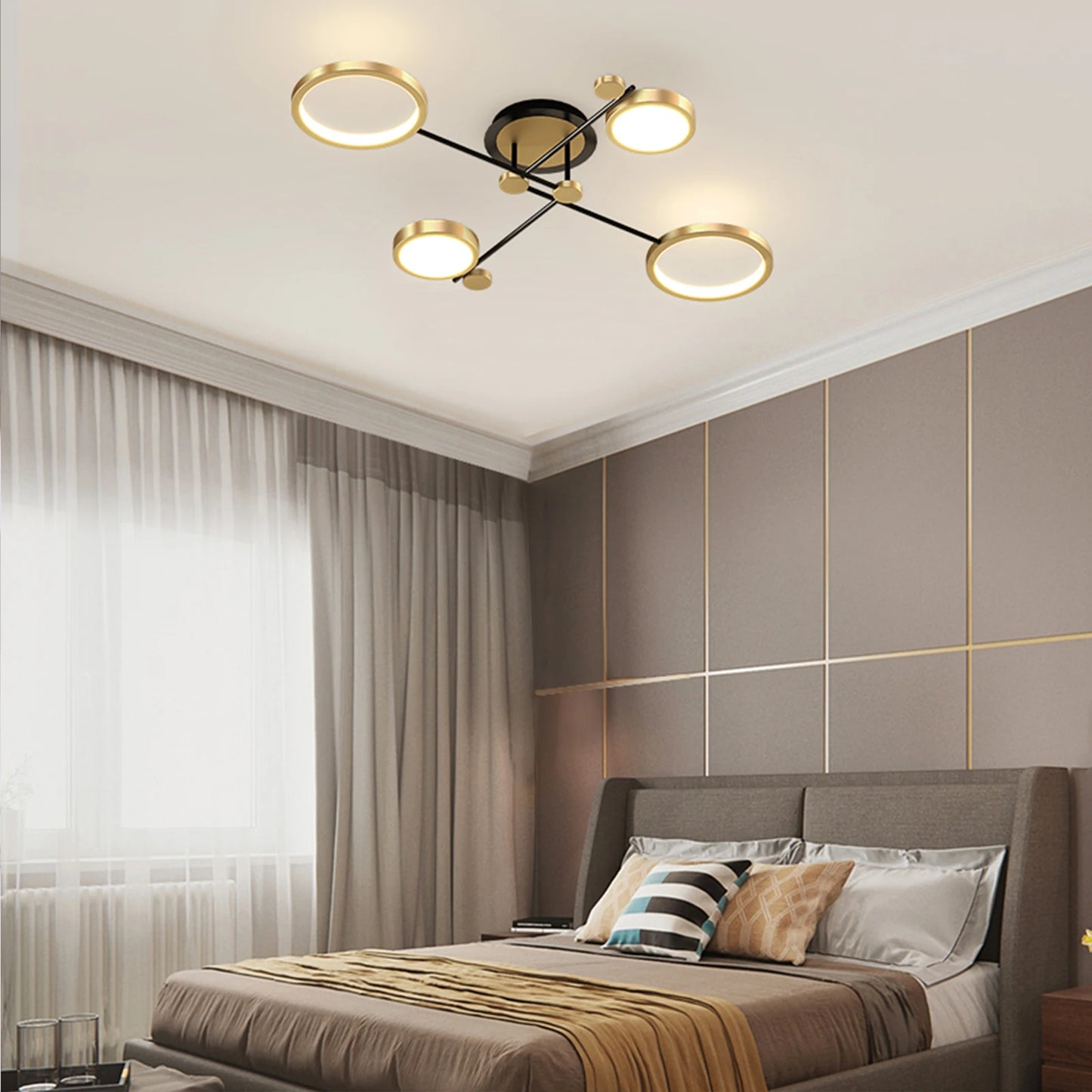 Modern Branching Rings LED Flush Mount Ceiling Light - Black & Gold 4-Head Fixture for Living Room & Bedroom (Dimmable with Remote)