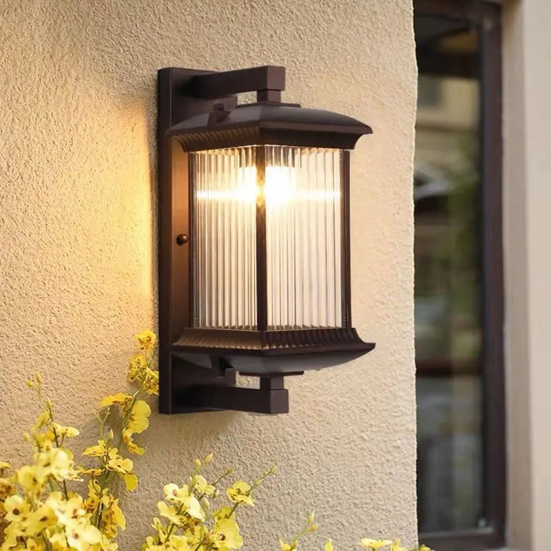 Modern Outdoor Wall Lantern with Ribbed Glass - IP65 Waterproof Metal Sconce Light for Porch & Villa Garden, Oil-Rubbed Bronze