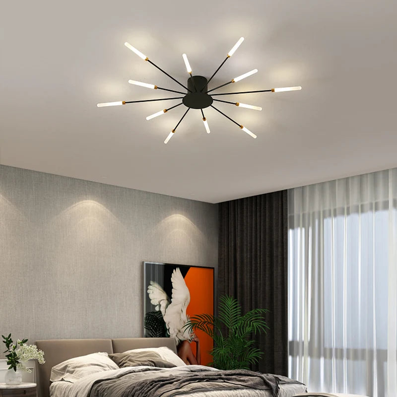 Modern Luxury Firework LED Flush Mount Ceiling Light - Gold Spoke Semi-Chandelier for Living Room, Dining Room & Bedroom (Dimmable with Remote Option)