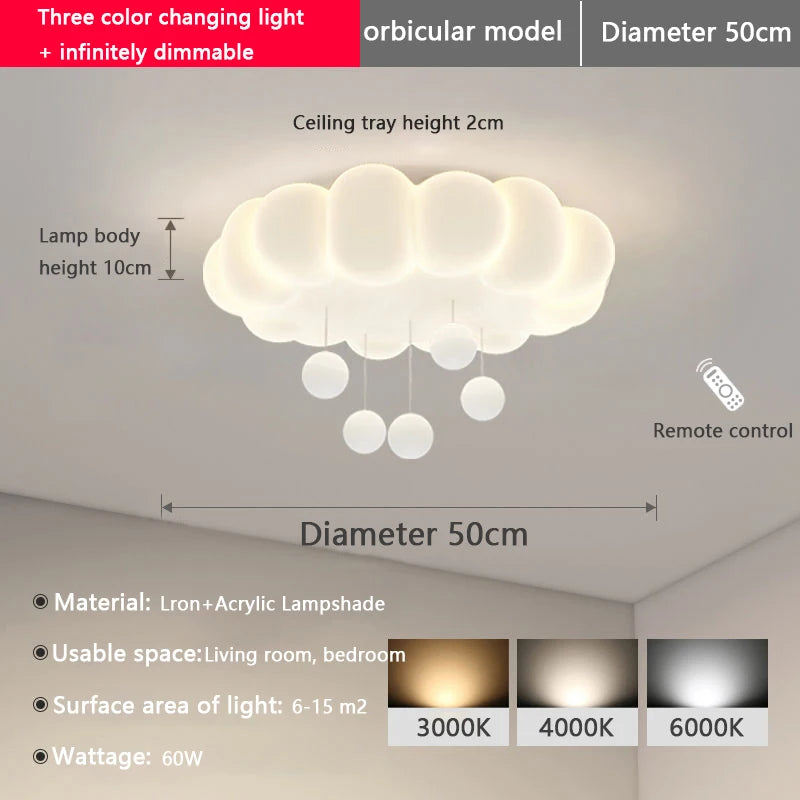 Modern White Cloud LED Flush Mount Ceiling Light - Cute Bubble Fixture with Hanging Orbs for Kids Room & Nursery (50cm, Dimmable Option)
