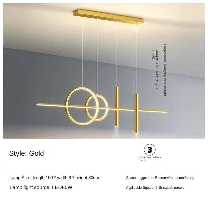 Modern Linear LED Chandelier - Minimalist Ring & Bar Pendant Light for Dining Room, 40-Inch (100cm) Golden Finish, Dimmable with Remote