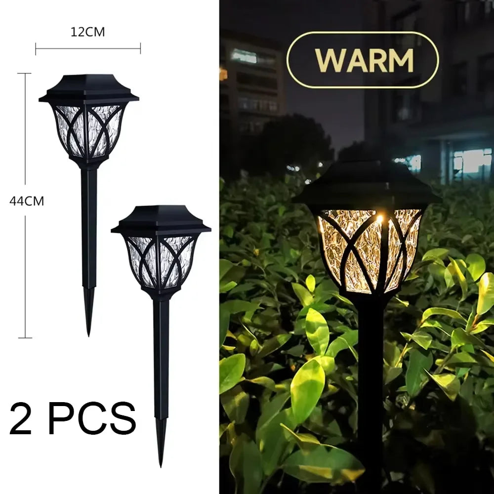 Outdoor Solar Path Lights - Waterproof LED Landscape Stake Lights with Warm White Hollow Pattern for Garden, Lawn & Walkway (Set of 2)