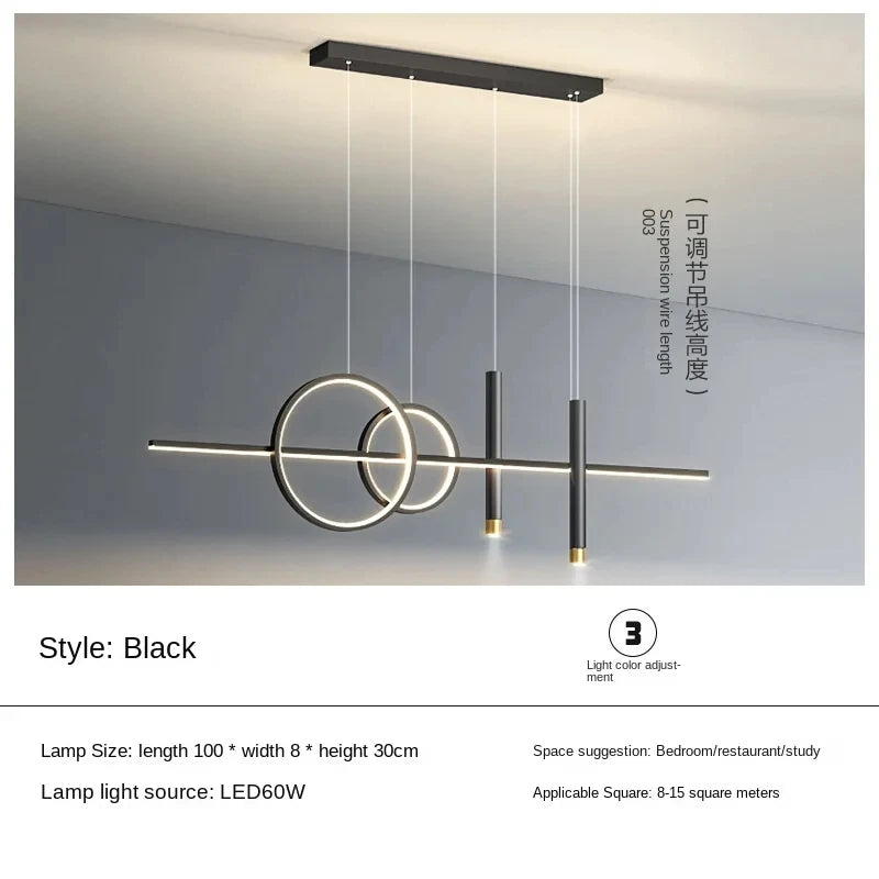 Modern Linear LED Chandelier - Minimalist Ring & Bar Pendant Light for Dining Room, 40-Inch (100cm) Golden Finish, Dimmable with Remote