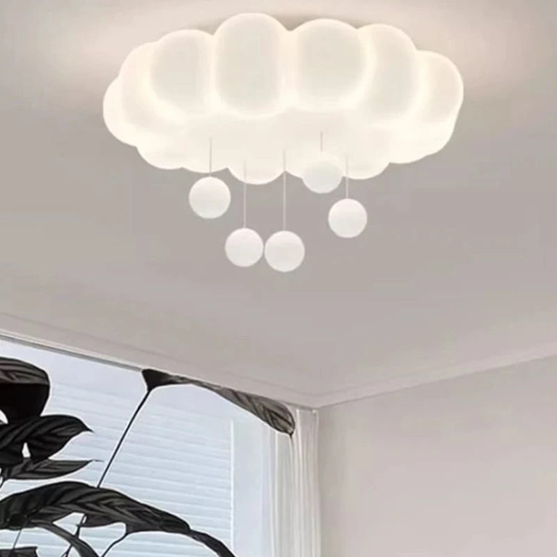 Modern White Cloud LED Flush Mount Ceiling Light - Cute Bubble Fixture with Hanging Orbs for Kids Room & Nursery (50cm, Dimmable Option)