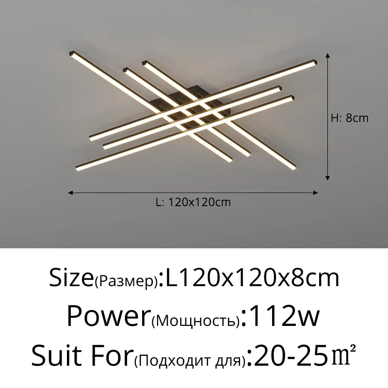 Modern Linear LED Flush Mount Ceiling Light - Black Crossed Bars Chandelier for Living Room, Dining Room & Bedroom (Dimmable with Remote Option)