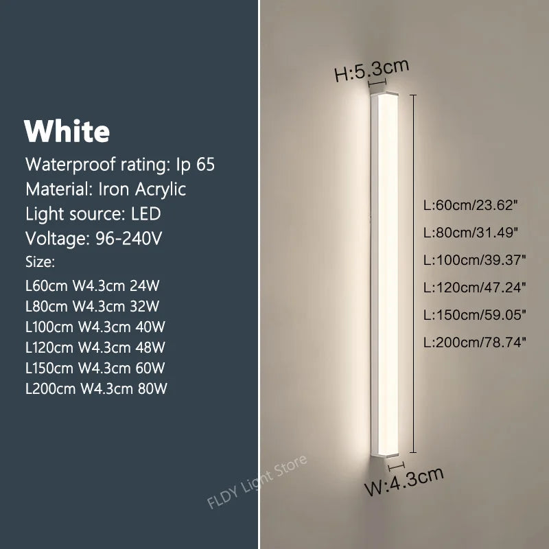 Minimalist Modern Long Strip LED Outdoor Wall Sconce - Weatherproof IP65 Exterior Light Fixture for Villa Porch, Garage & Garden