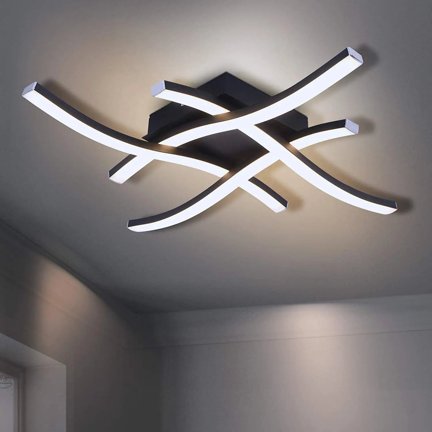 Modern Curved Waves LED Flush Mount Ceiling Light - Black Crossed 4-Bar Fixture for Bedroom, Kitchen & Hallway (3-Color Changing)