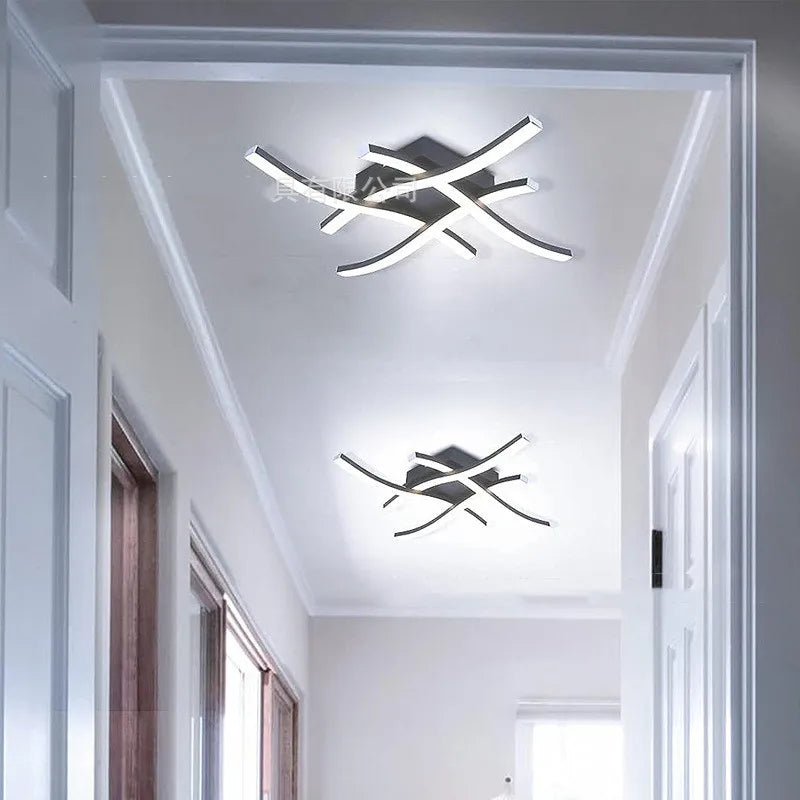 Modern Curved Waves LED Flush Mount Ceiling Light - Black Crossed 4-Bar Fixture for Bedroom, Kitchen & Hallway (3-Color Changing)