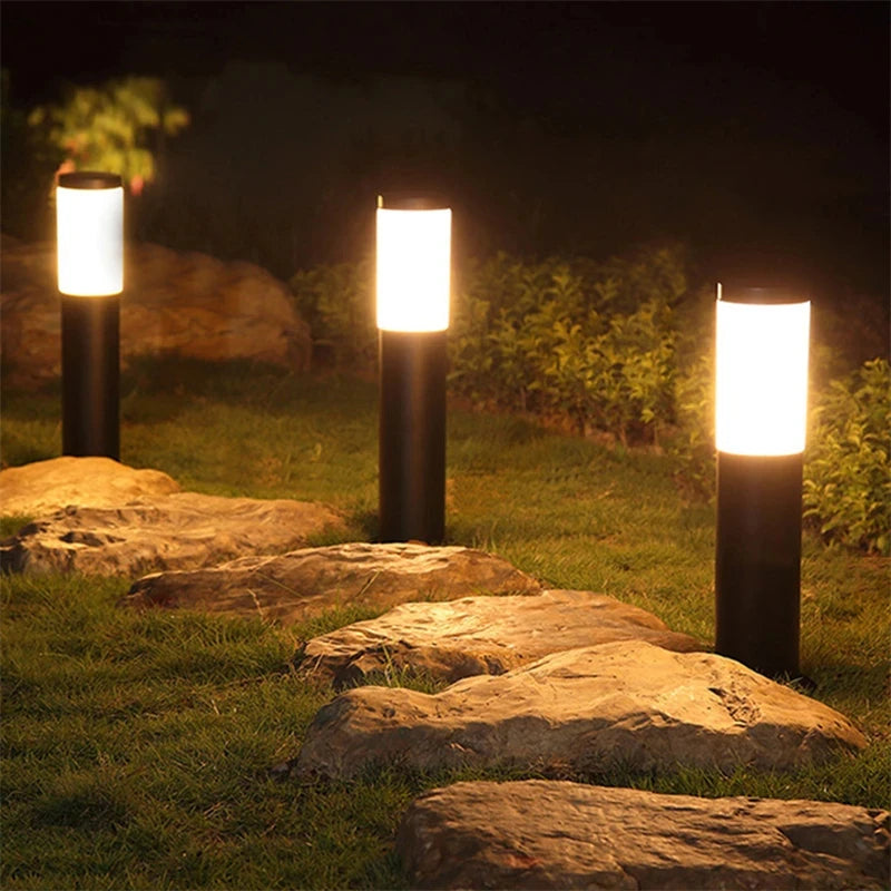 Modern Stainless Steel Solar Path Lights - Waterproof Outdoor LED Bollard Stake Lights for Garden, Walkway & Yard (Warm White, Set of 4)