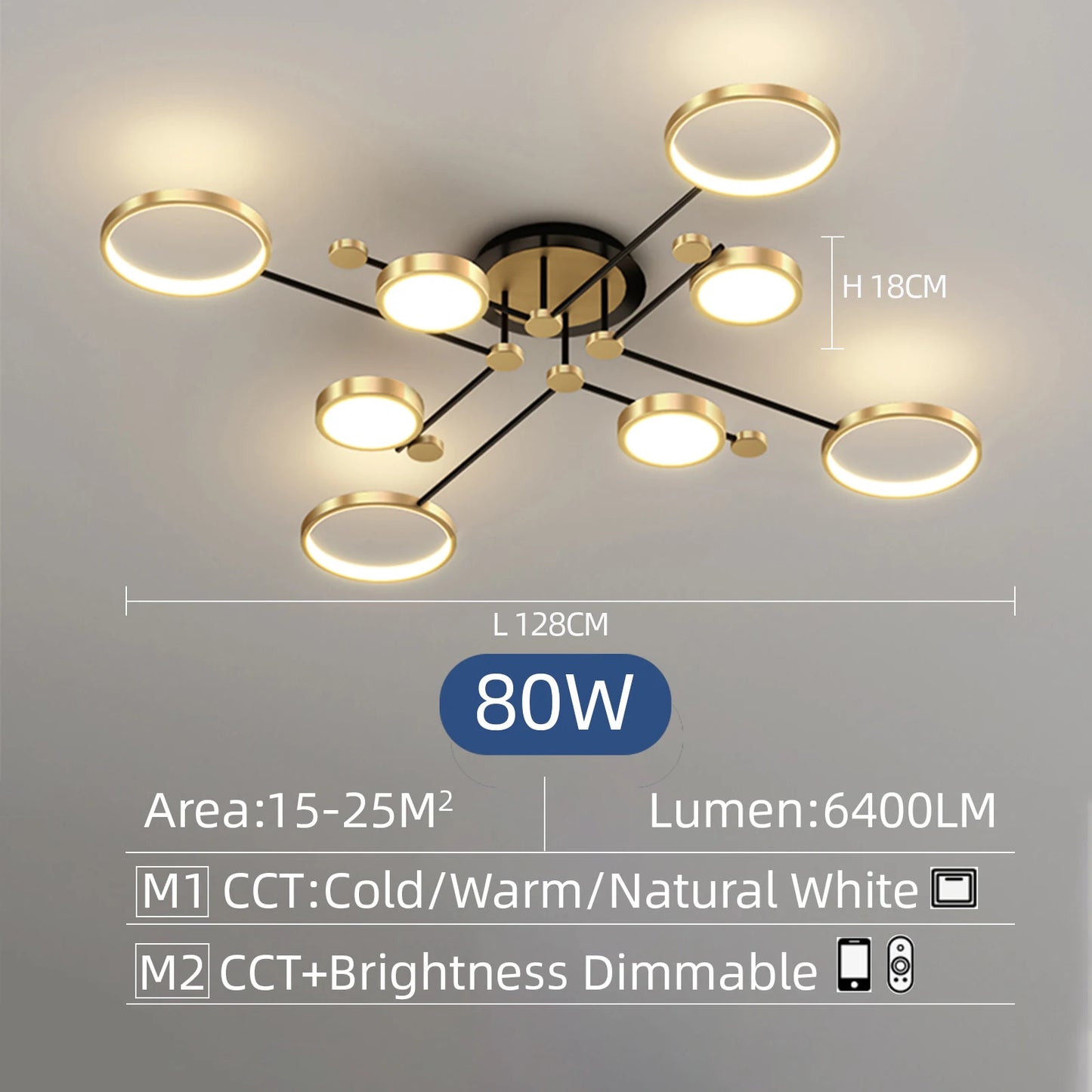 Modern Branching Rings LED Flush Mount Ceiling Light - Black & Gold 4-Head Fixture for Living Room & Bedroom (Dimmable with Remote)