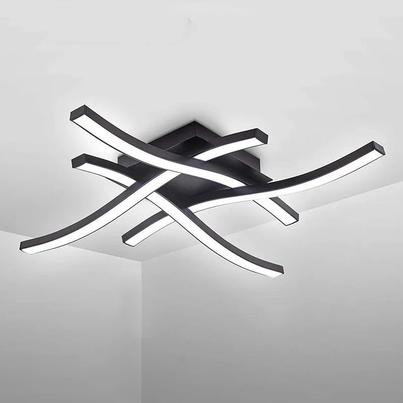 Modern Curved Waves LED Flush Mount Ceiling Light - Black Crossed 4-Bar Fixture for Bedroom, Kitchen & Hallway (3-Color Changing)
