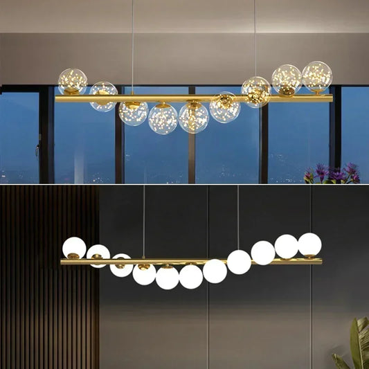 Modern Linear Globe Chandelier - 11-Light Mid-Century Pendant Lamp for Dining Room, 44-Inch (112cm) Gold Finish, Glass Sphere Lighting