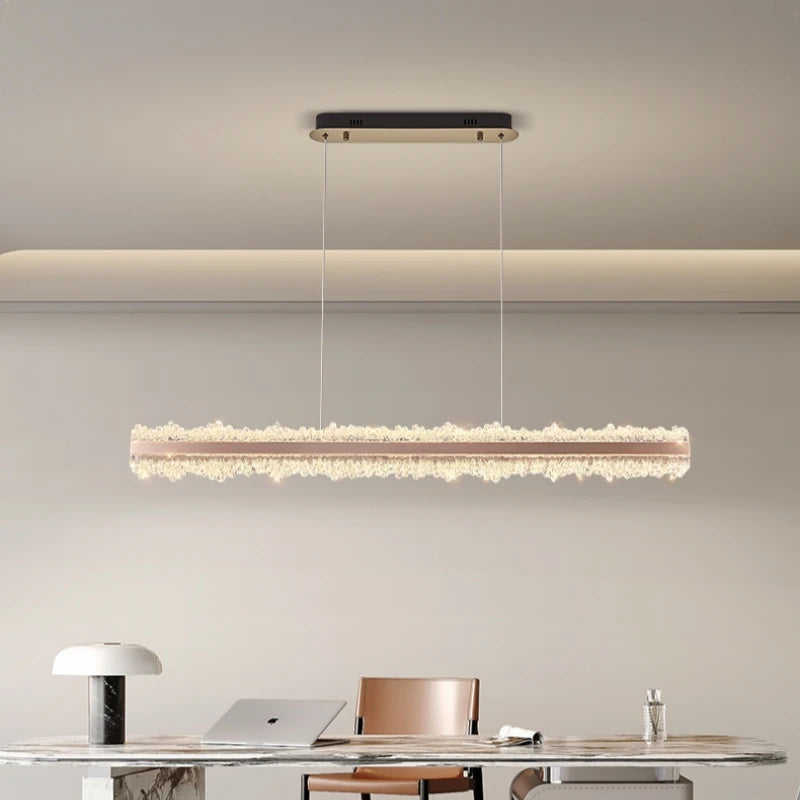 Modern Crystal-Style LED Linear Chandelier - Rose Gold Ice Glass Pendant Light for Dining Table, 40-Inch (100cm), Tricolor Light