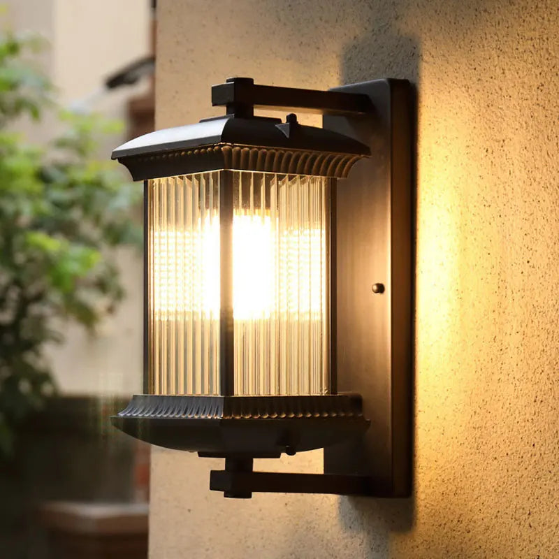 Modern Outdoor Wall Lantern with Ribbed Glass - IP65 Waterproof Metal Sconce Light for Porch & Villa Garden, Oil-Rubbed Bronze