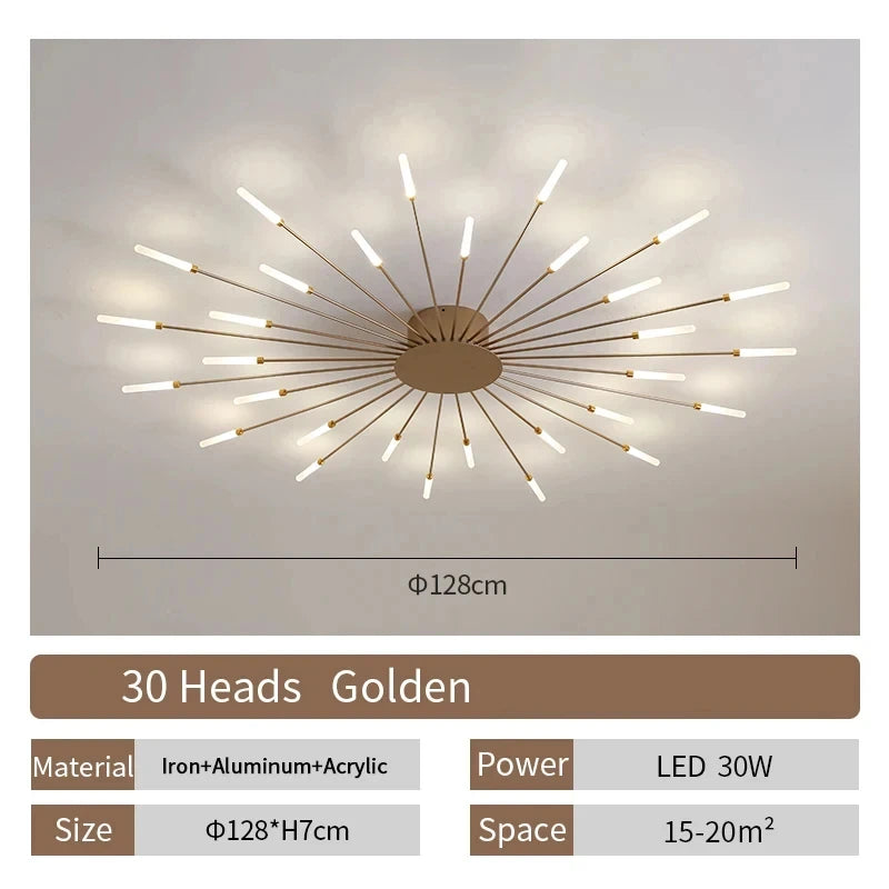 Modern Luxury Firework LED Flush Mount Ceiling Light - Gold Spoke Semi-Chandelier for Living Room, Dining Room & Bedroom (Dimmable with Remote Option)