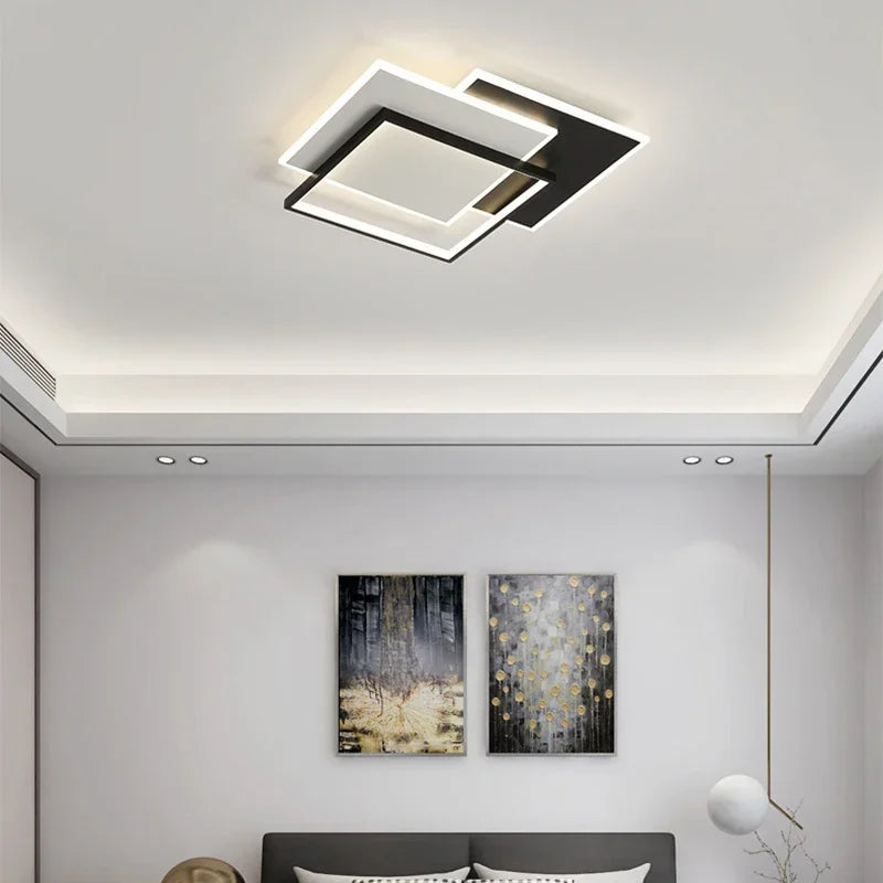 Modern Rectangle LED Ceiling Light - Ultra-Thin Minimalist Chandelier for Living Room & Kitchen, Black & White Finish, Tricolor Light