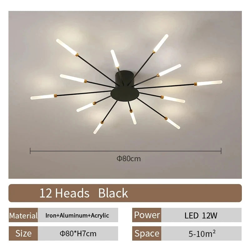 Modern Luxury Firework LED Flush Mount Ceiling Light - Gold Spoke Semi-Chandelier for Living Room, Dining Room & Bedroom (Dimmable with Remote Option)