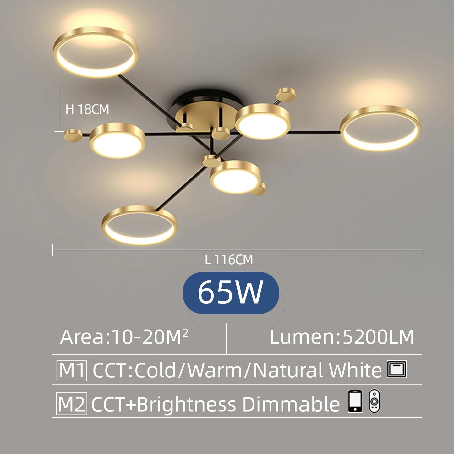 Modern Branching Rings LED Flush Mount Ceiling Light - Black & Gold 4-Head Fixture for Living Room & Bedroom (Dimmable with Remote)