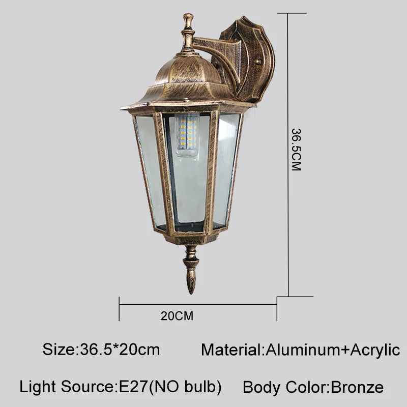 Vintage European Outdoor Wall Lantern - IP65 Waterproof E27 Sconce Light for Porch & Courtyard, Bronze finish
