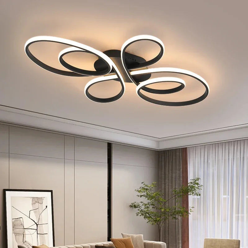 Modern Curves LED Flush Mount Ceiling Light - Black Geometric Floral Fixture for Living Room, Dining Room & Bedroom (Dimmable with Remote Option)