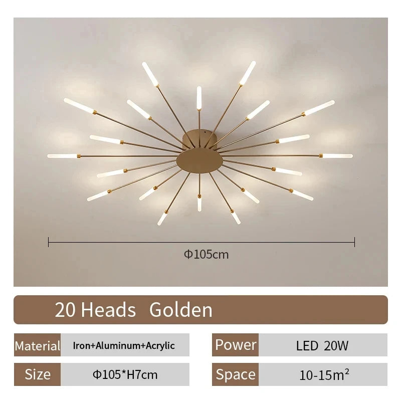 Modern Luxury Firework LED Flush Mount Ceiling Light - Gold Spoke Semi-Chandelier for Living Room, Dining Room & Bedroom (Dimmable with Remote Option)
