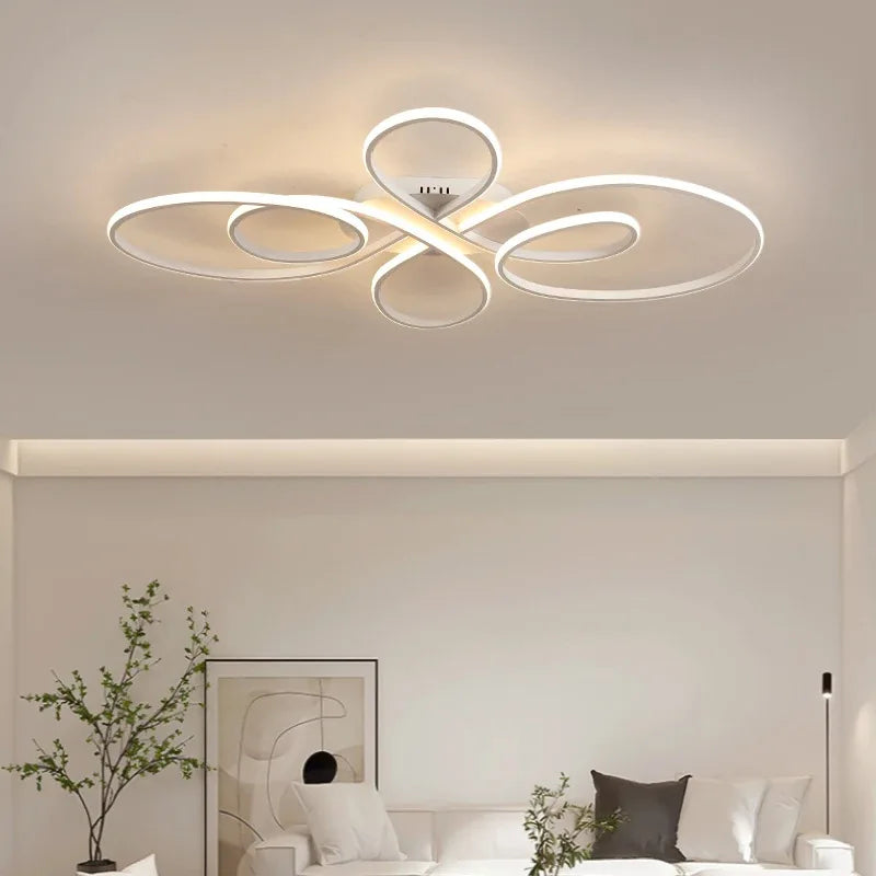Modern Curves LED Flush Mount Ceiling Light - Black Geometric Floral Fixture for Living Room, Dining Room & Bedroom (Dimmable with Remote Option)
