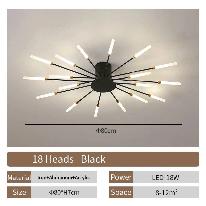 Modern Luxury Firework LED Flush Mount Ceiling Light - Gold Spoke Semi-Chandelier for Living Room, Dining Room & Bedroom (Dimmable with Remote Option)