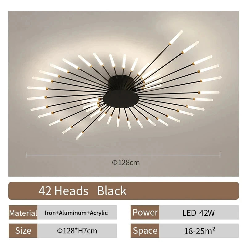 Modern Luxury Firework LED Flush Mount Ceiling Light - Gold Spoke Semi-Chandelier for Living Room, Dining Room & Bedroom (Dimmable with Remote Option)