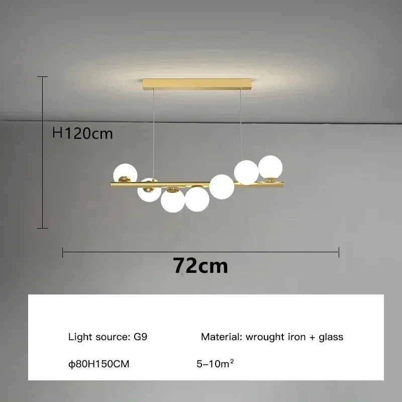 Modern Linear Globe Chandelier - 11-Light Mid-Century Pendant Lamp for Dining Room, 44-Inch (112cm) Gold Finish, Glass Sphere Lighting