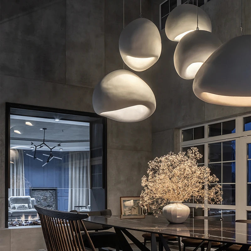 Modern Wabi-Sabi Pendant Light - Stone-Texture LED Chandelier for Living Room, Large 32-Inch Gray Hanging Lamp, Warm White Lighting