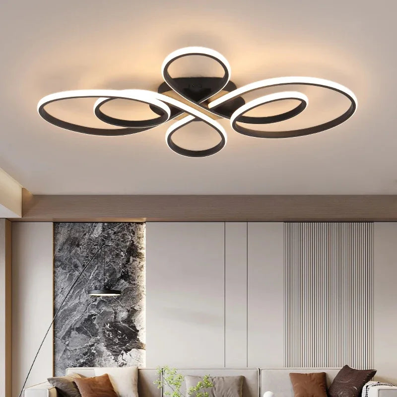 Modern Curves LED Flush Mount Ceiling Light - Black Geometric Floral Fixture for Living Room, Dining Room & Bedroom (Dimmable with Remote Option)
