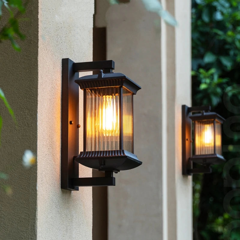 Modern Outdoor Wall Lantern with Ribbed Glass - IP65 Waterproof Metal Sconce Light for Porch & Villa Garden, Oil-Rubbed Bronze