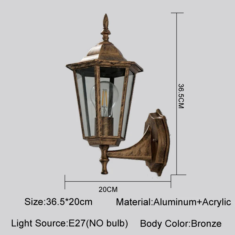 Vintage European Outdoor Wall Lantern - IP65 Waterproof E27 Sconce Light for Porch & Courtyard, Bronze finish