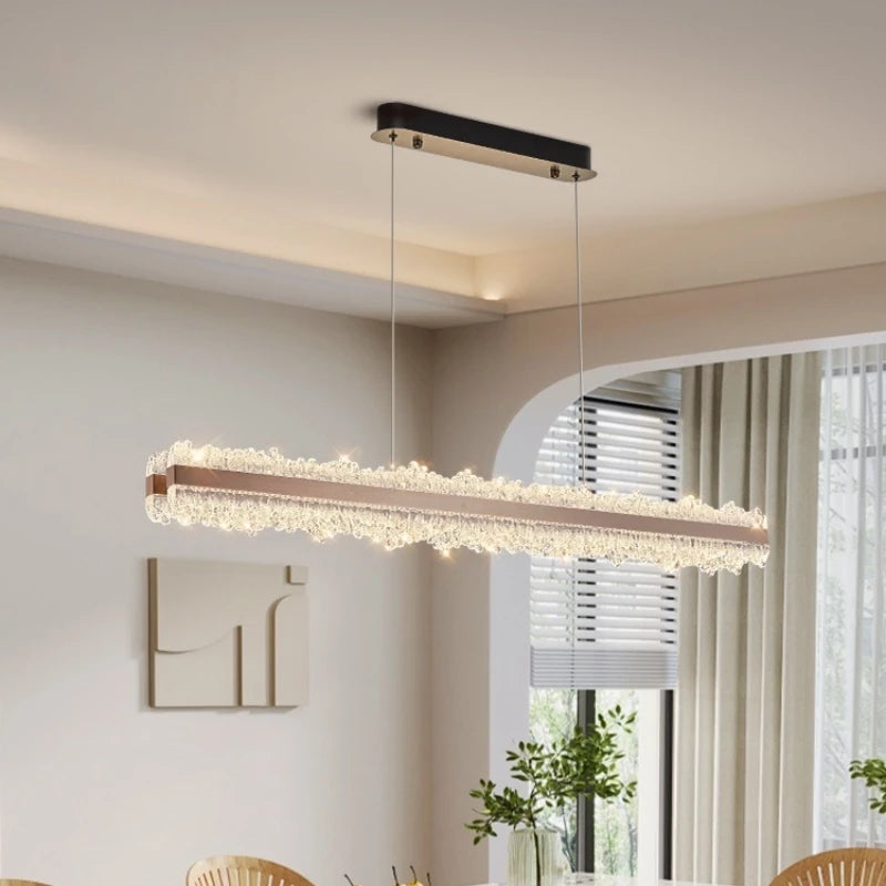 Modern Crystal-Style LED Linear Chandelier - Rose Gold Ice Glass Pendant Light for Dining Table, 40-Inch (100cm), Tricolor Light