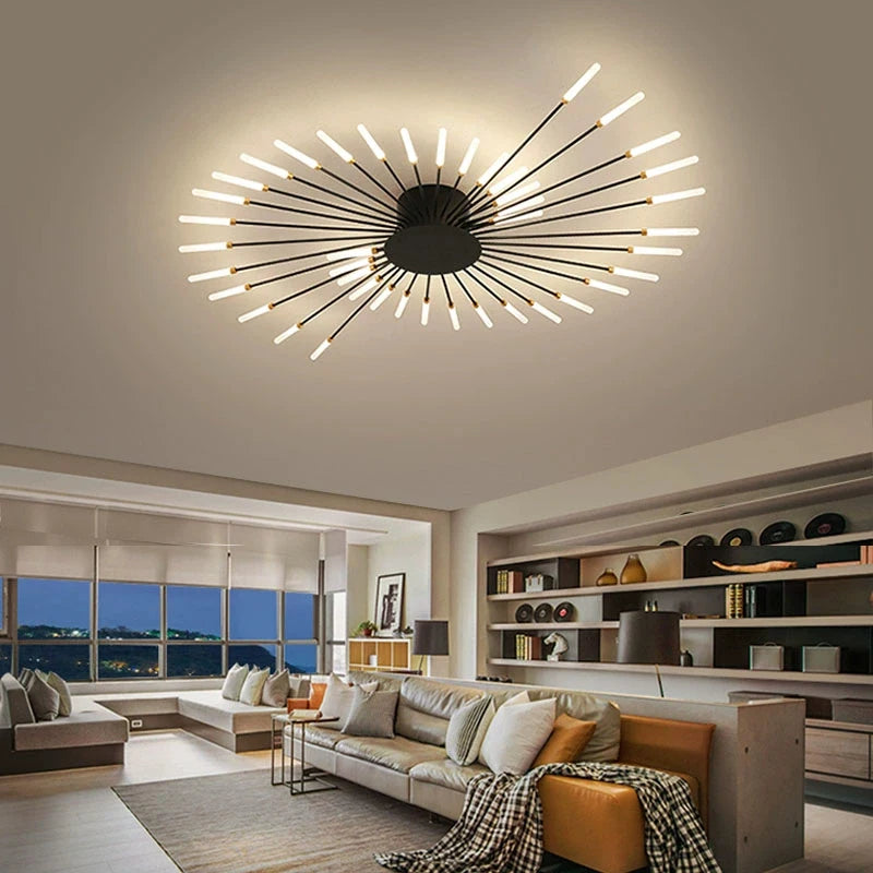 Modern Luxury Firework LED Flush Mount Ceiling Light - Gold Spoke Semi-Chandelier for Living Room, Dining Room & Bedroom (Dimmable with Remote Option)