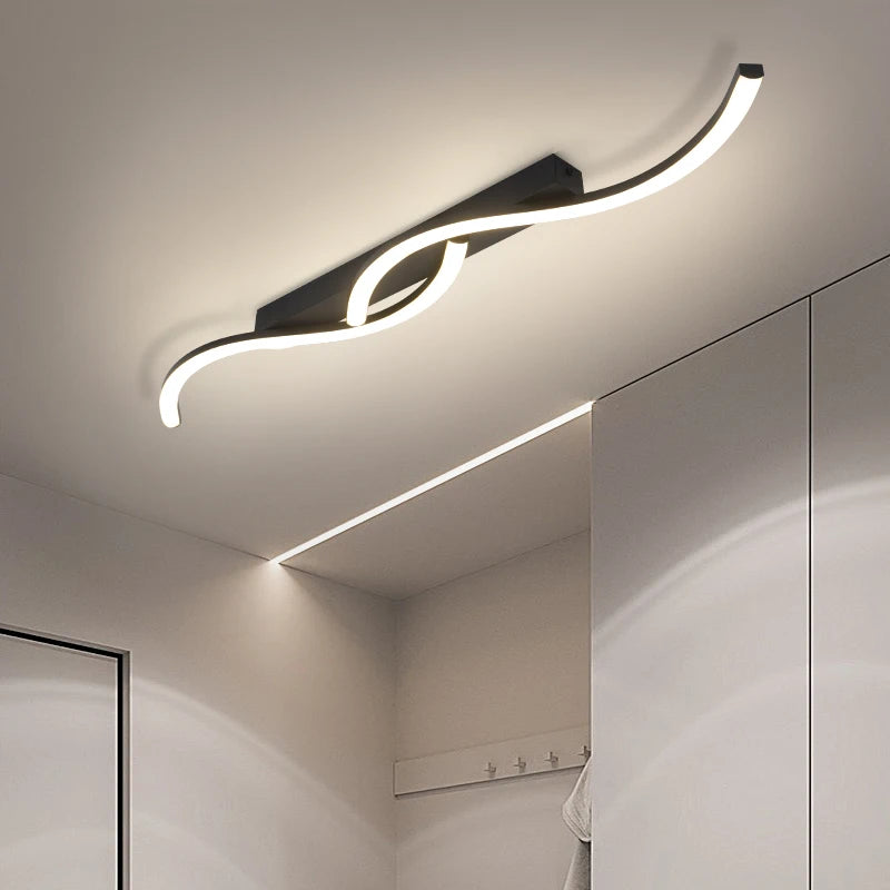 Modern S-Curve LED Flush Mount Ceiling Light - Black Linear Acrylic Fixture for Bedroom, Walk-in Closet & Hallway (Tricolor Option)