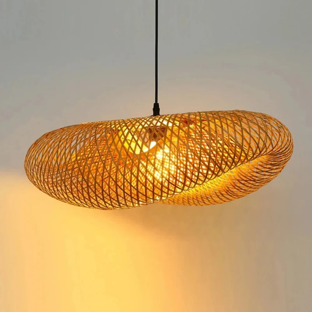 Modern Bamboo Weaving Pendant Light - Wabi-Sabi Style Hanging Lamp for Dining Room, 32-Inch (80cm) Large Handwoven Chandelier, Natural Wood Finish