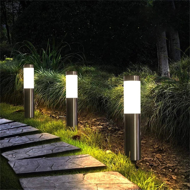 Modern Stainless Steel Solar Path Lights - Waterproof Outdoor LED Bollard Stake Lights for Garden, Walkway & Yard (Warm White, Set of 4)